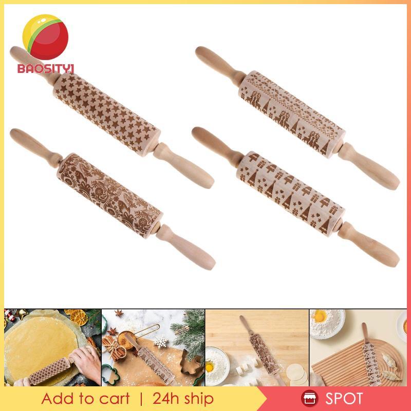 [Baosity1] Rolling Pin แกะสลักไม้คริสต์มาสนูน Pastry Roller Dough Rolling เครื่องมือรูปแบบ 3D เหมาะส