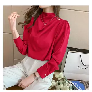mimi&didi#เสื้อเชิ้ตแขนยาวผ้าไหมสีขาว คอปกตั้ง ทรงเข้ารูป หรูหรา สง่างาม และดูเป็นผู้ใหญ่ สีพื้นเรียบ#99307