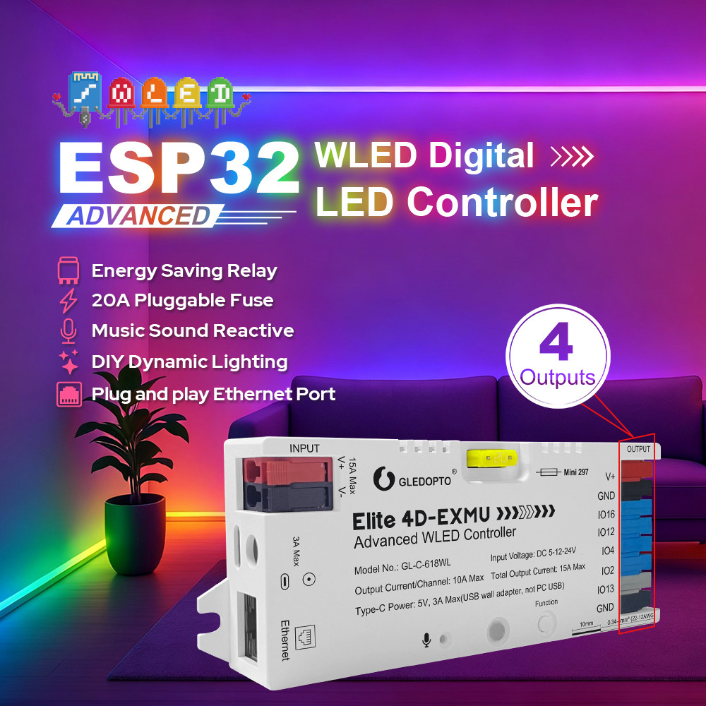 GLEDOPTO ESP32 WLED LED Strip Light Controller 4 เอาต์พุตEthernetไมโครโฟนUARTประหยัดพลังงานรีเลย์ 20A Pluggableฟิวส์