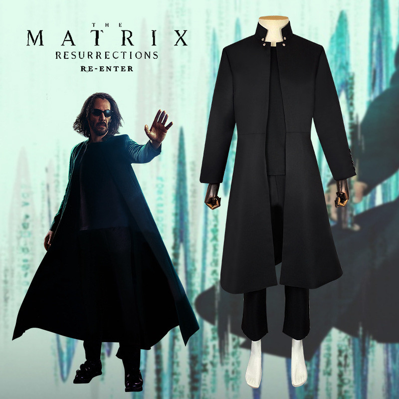 The Matrix Agent Neo Costume สีดำ พร้อมโค้ตแบบทหารเรือ สำหรับฮอลโลวีน
