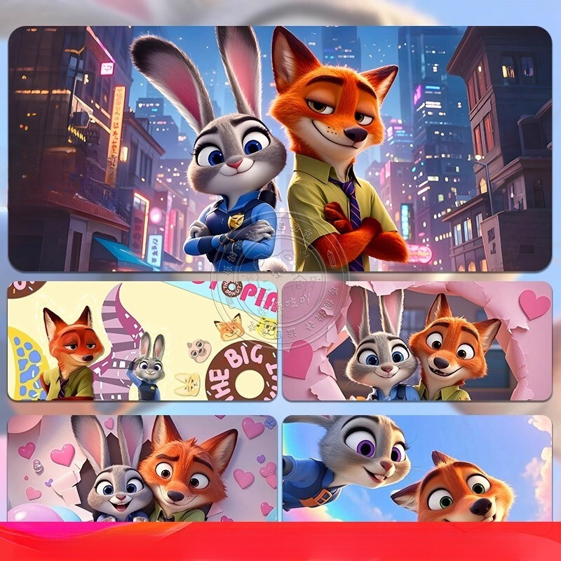 แผ่นรองเมาส์ Zootopia ขนาดใหญ่ Judy Hopps อะนิเมะคอมพิวเตอร์สํานักงานแผ่นรองโต๊ะกันลื่น Nick Wilde แผ่นรองแป้นพิมพ์เกมการ์ตูนแบบกําหนดเอง