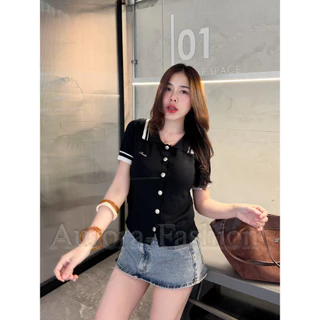 Aurora🛒พร้อมส่ง🚚 (รูปถ่ายจากงานจริง) เสื้อครอปแขนสั้น คอปกสีพื้น ใส่สบายยืดพอดีน่ารัก