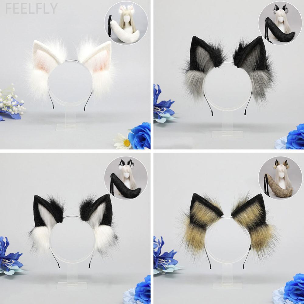 FEELFLY Handmade คอสเพลย์หูและคาดศีรษะ Red Fox, Wolf, Cat Faux Fur Headband กับหาง Golden Fox อะนิเม