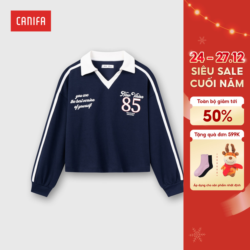 CANIFA เสื้อโปโลเด็กผู้หญิงแขนยาวและคอปกพิมพ์ลาย 1TP25C003