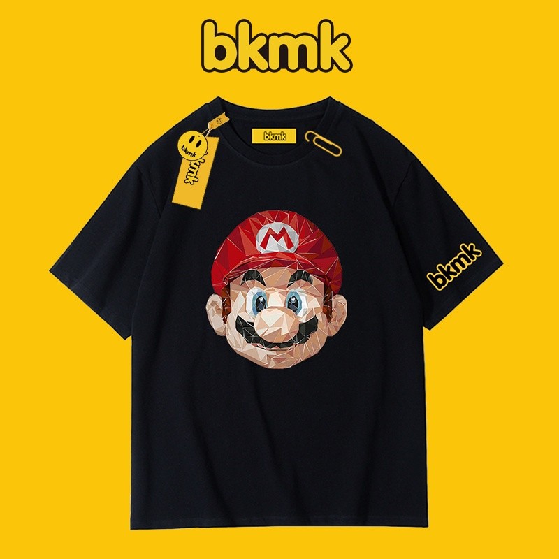 BKMK ฤดูใบไม้ร่วงแขนสั้นเสื้อยืดผู้ชายใหม่ระเบิดแนวโน้มสีดําหลวมญี่ปุ่น Top Mario INS