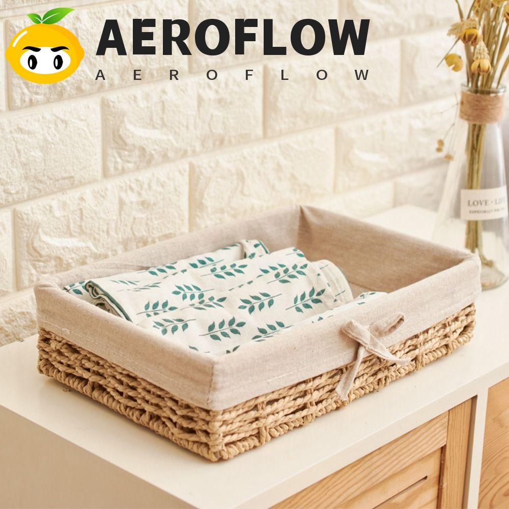AEROFLOW ตะกร้าเก็บหวายทําด้วยมือ,สี่เหลี่ยมสไตล์ฝรั่งเศสกล่องเก็บเครื่องสําอาง,อุปกรณ์ครัวสไตล์โบฮีเมียนพร้อมซับนํามาใช้ใหม่ทอผ้าถาดเก็บขนมปัง