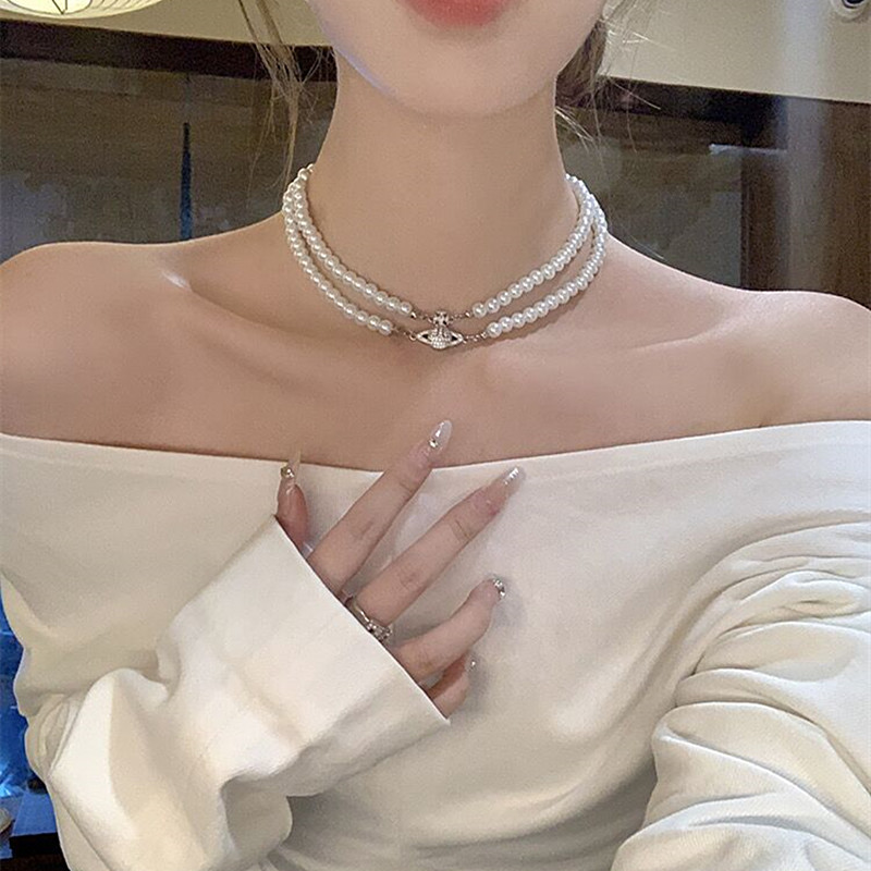 สร้อยคล้องคอมุกทรงซัตürnสอง겹 ดีไซน์หรูหราสำหรับผู้หญิง พร้อมสายคล้องข้อพันธ์ย&nbsp;