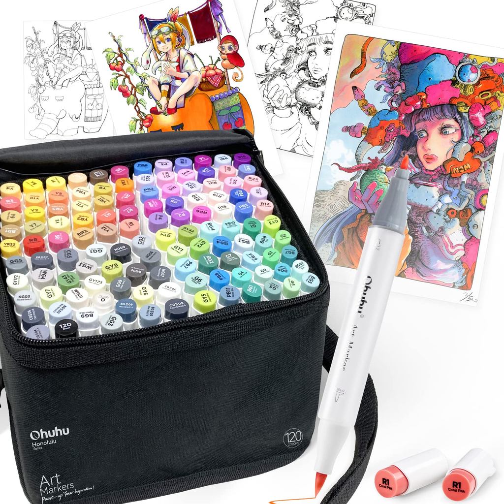 Ohuhu Brush-Type Marker Pens, 120 Colors (121 Pens), Professional-Use Illustration Markers, Brush an
