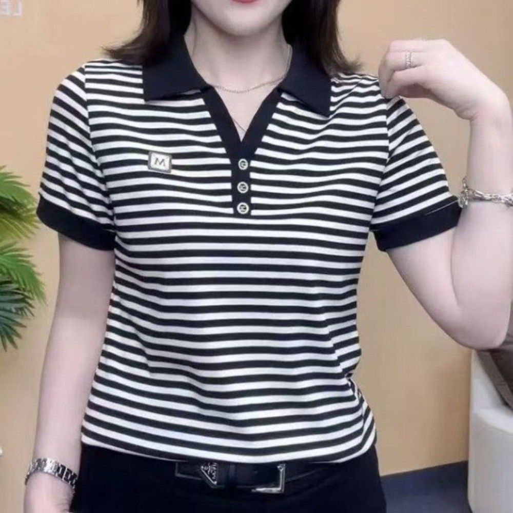 โปโล เสื้อยืดแฟชั่นสไตล์เกาหลีคอปกพับเก็บได้และแขนสั้นลําลองลายทางด้านบน