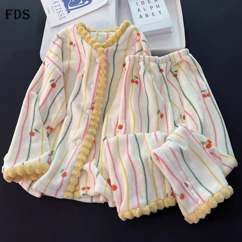 FDS Retro ดอกไม้ชุดนอนขนแกะปะการังผู้หญิงฤดูใบไม้ร่วงฤดูหนาว V คอ Plus ขนแกะหนา Flannel คาร์ดิแกน Ho