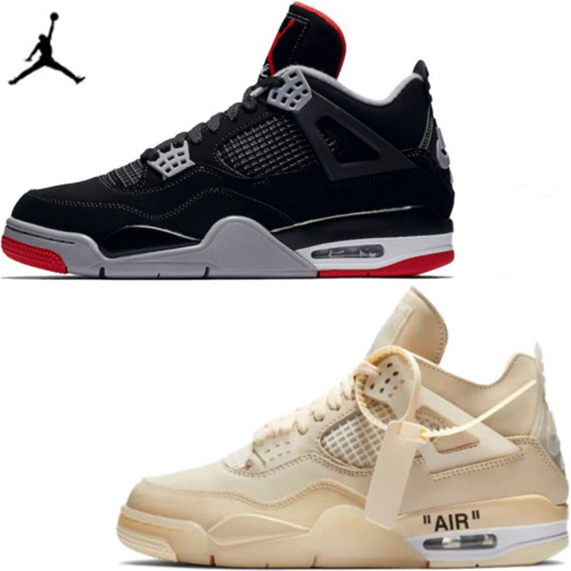 Nike Air Jordan 4 x Off White OW รองเท้าผู้ชาย AJ4 สีขาวพัดลมบาสเกตบอลรองเท้าผู้หญิง CV9388-100