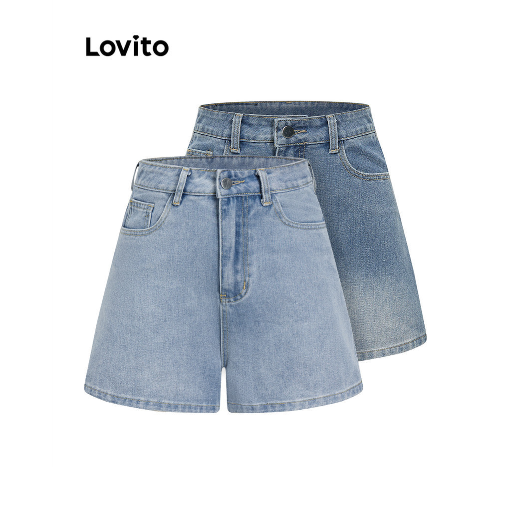 Lovito กางเกงขาสั้นเดนิมลําลอง กางเกงขาสั้นผ้าเดนิมปุ่มธรรมดาสําหรับผู้หญิง L82AD168 (หลากสี)