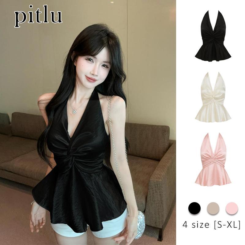 pitlu เสื้อท็อปผ้าแดมาสก์สายผูกคอเปิดหลัง สีดำ/ขาวมัน/ชมพู ขนาดS-XL ผ้าแดมาสก์ ใส่สวย สบายใส่ แฟชั่น