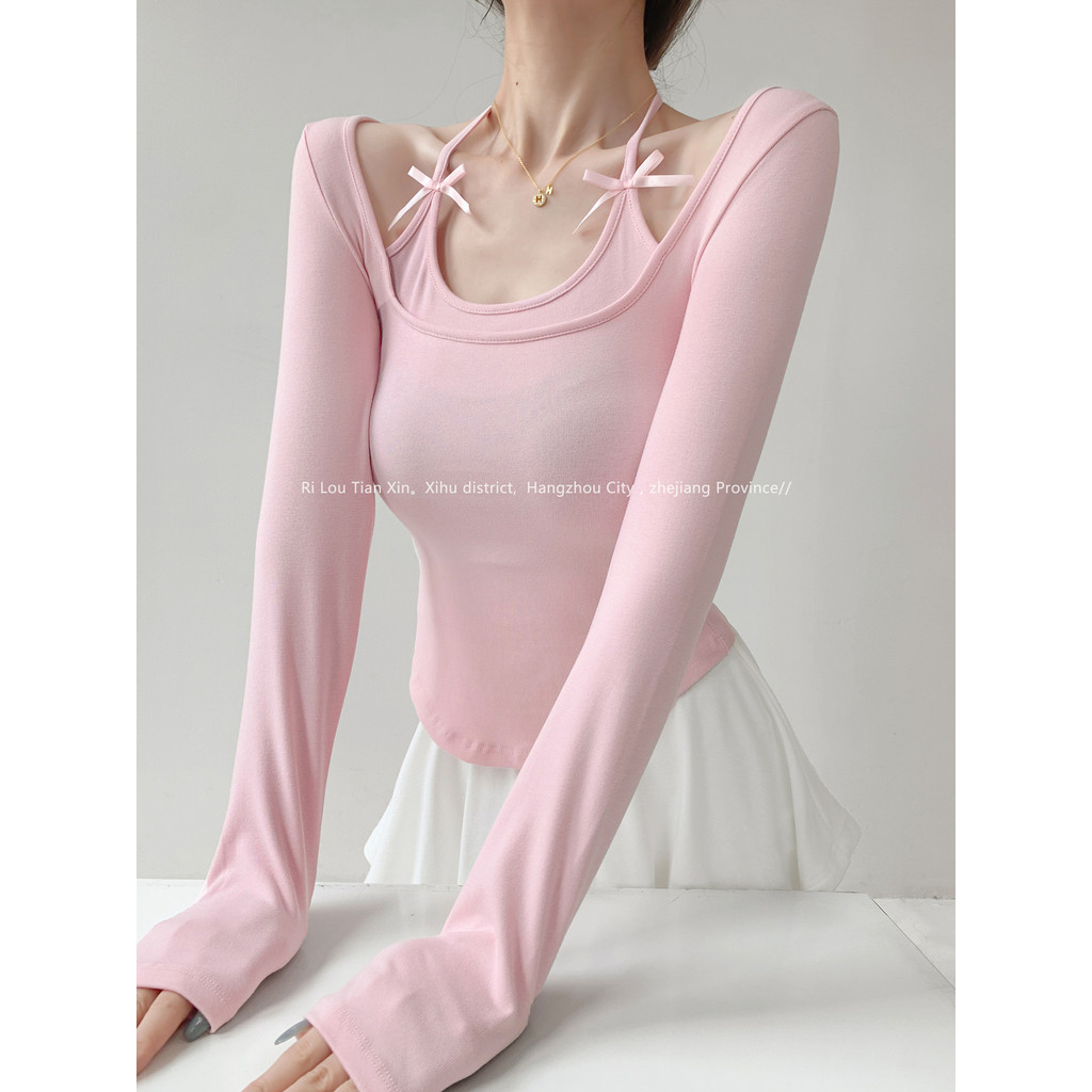 Sweet Desire Human Lace-Up Halter คอปลอมสองเสื้อยืดแขนยาวผู้หญิงฤดูใบไม้ร่วง Pure Desire Bow Arc Hem