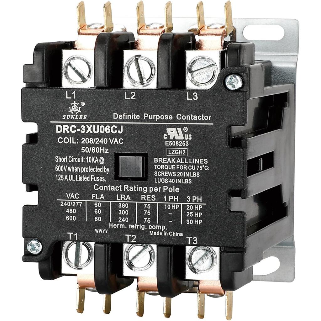 SUNLEE 60 Amp 75 RES 3 Pole 220V 240V คอยล์ DP Contactor A2L Compant UL Recognized & ได้รับการอนุมัต