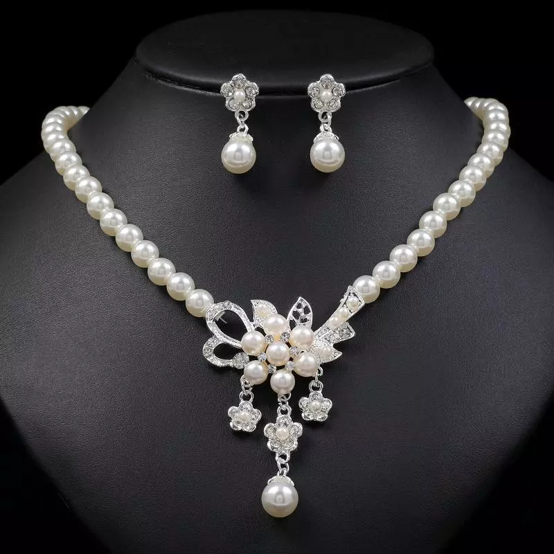 Sunstar 1 ชุดสร้อยคอผู้หญิงลูกปัด Glossy Faux Pearls Rhinestone ฝังดอกไม้สร้อยคอต่างหูสตั๊ดชุด