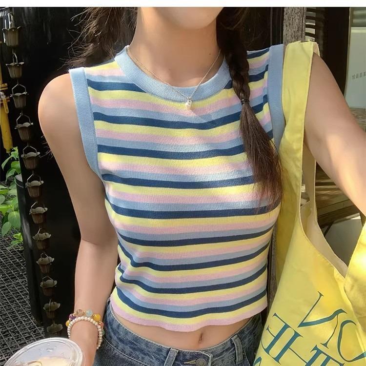 【S-XXL】 เสื้อกล้ามสายบางลายทางสีหลากสุดง่าย สวมใส่ได้ทุกที่ ไม่มีแขน สำหรับสาวๆ ในฤดูร้อน สวมใส่ได้ทั้งในและนอกเสื้อ