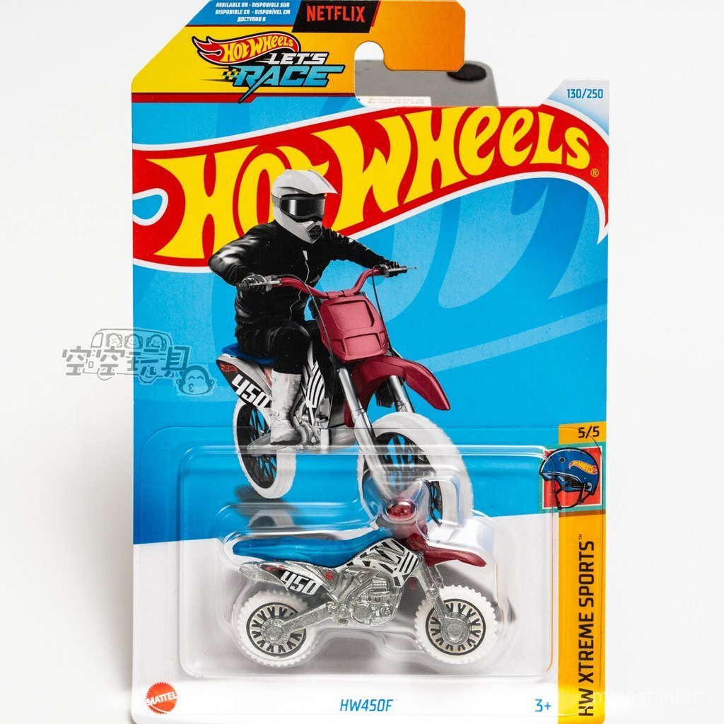 เบอร์ 130 HW450F รถจักรยานยนต์สีแดงสีฟ้าสีขาว Mattel Hot Wheels โลหะผสมรถสปอร์ตขนาดเล็ก 0VU7