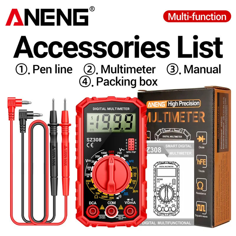 ANENG SZ308 มัลติมิเตอร์แบบดิจิตอล AC/DC Current Meter เครื่องวัดความต้านทานแรงดันไฟฟ้าช่างไฟฟ้า LCD