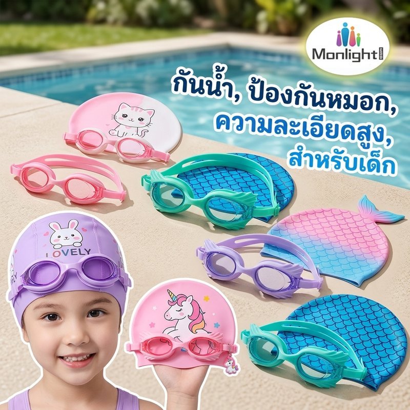 แว่นตาว่ายน้ำเด็ก ชุดหมวกว่ายน้ำ กันน้ำ ป้องกันฝ้า มองเห็นชัดเจน ซิลิโคนนุ่ม การ์ตูนน่ารัก