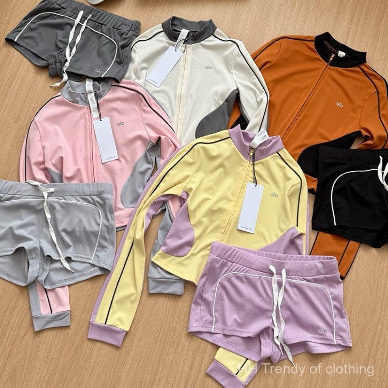 AIo American-style fitness and yoga training outfit, slim-fit, color-blocked long-sleeve top and sho