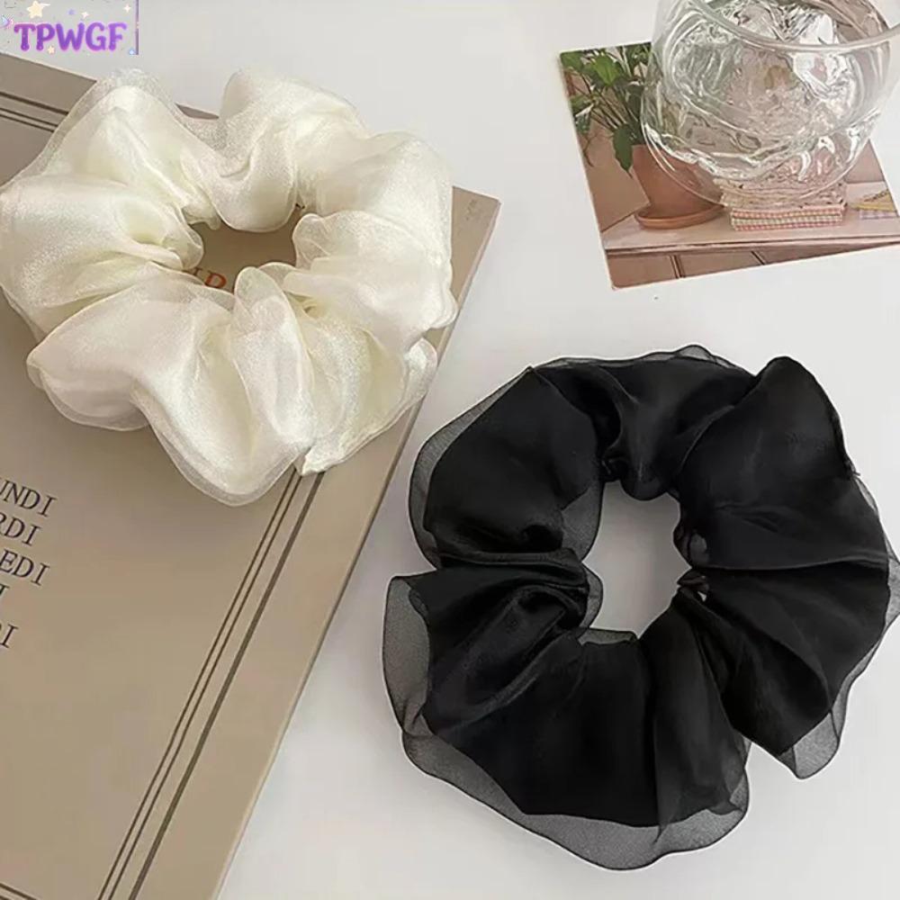 เชือกผม scrunchie แบบหรูหรา สีดำ beige khaki ทำจาก organza พร้อมการออกแบบขอบระบาย สำหรับเด็กผู้หญิง