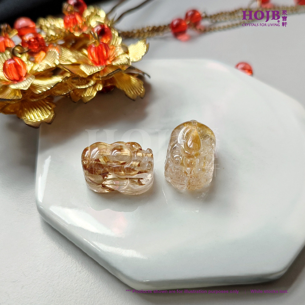 HOJB เกรดด้านบนบราซิลเต็มสีทอง Rutilated ควอตซ์ 6AA Pi-Xiu Charm จี้ 19-22 มม. 圆顶 巴西装 金貔貅6AA财吊/จี้19