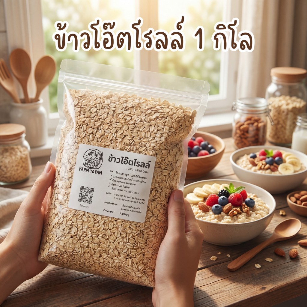 ข้าวโอ๊ตรีดแผ่น 1kg Rolled Oats อบสุกพร้อมทาน ไม่มีน้ำตาล ไฟเบอร์สูง  คุมหิว ธัญพืช โอ๊ตมีล Oatmeal