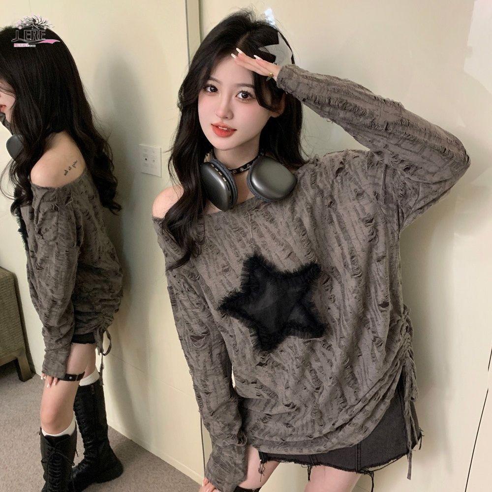JEREMY1 เสื้อยืดแขนยาว, Drawstring Lazy Style Y2K Pullovers เสื้อ, Vintage Star Hole Streetwear Holl
