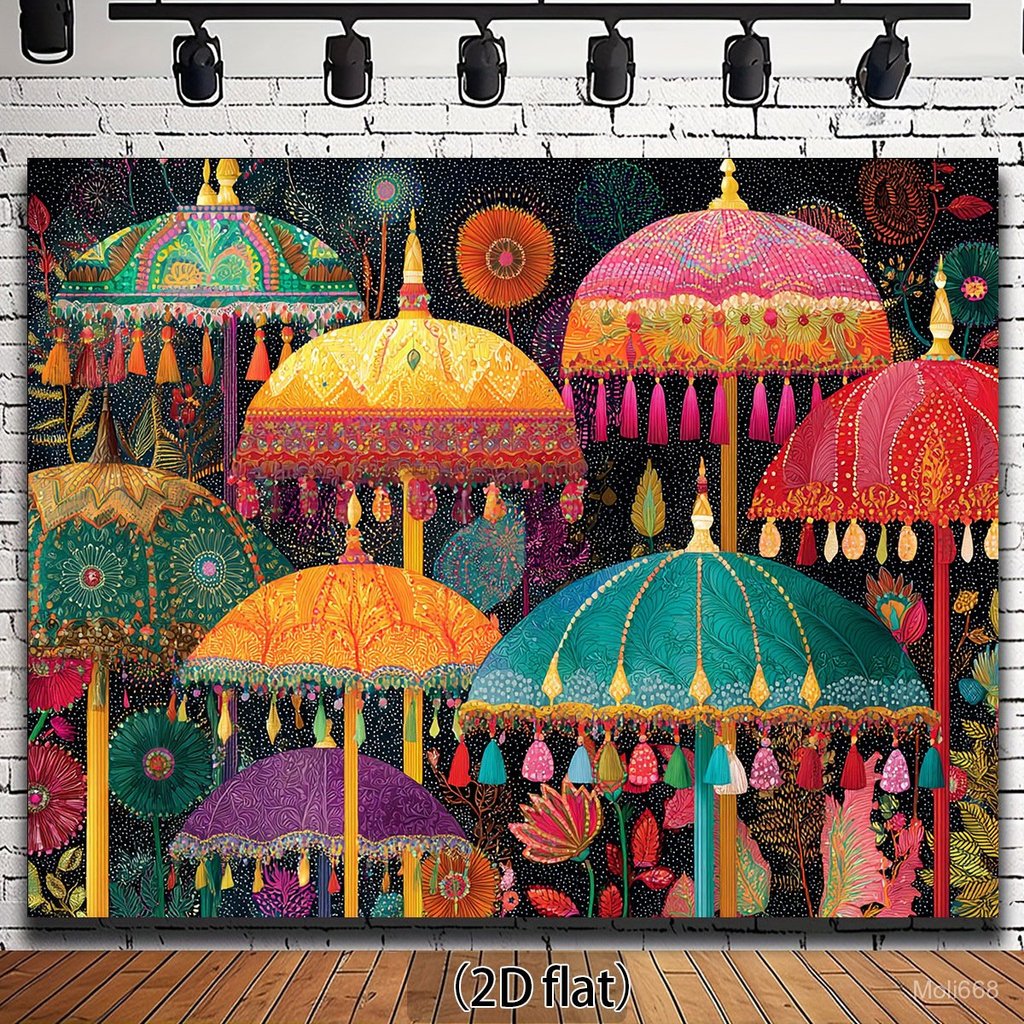 A Vibrant 2D Flat Backdrop Featuring Indian-Inspired Floral And Umbrella Designs, Complete with Tassels. This Multicolor