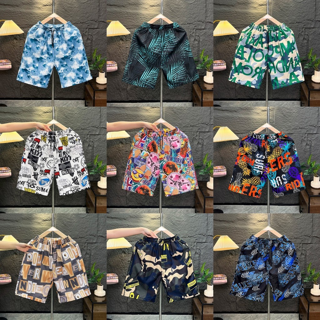 Various stylish printed shorts for men, summer ice silk cool casual split pants, men's straight-leg 