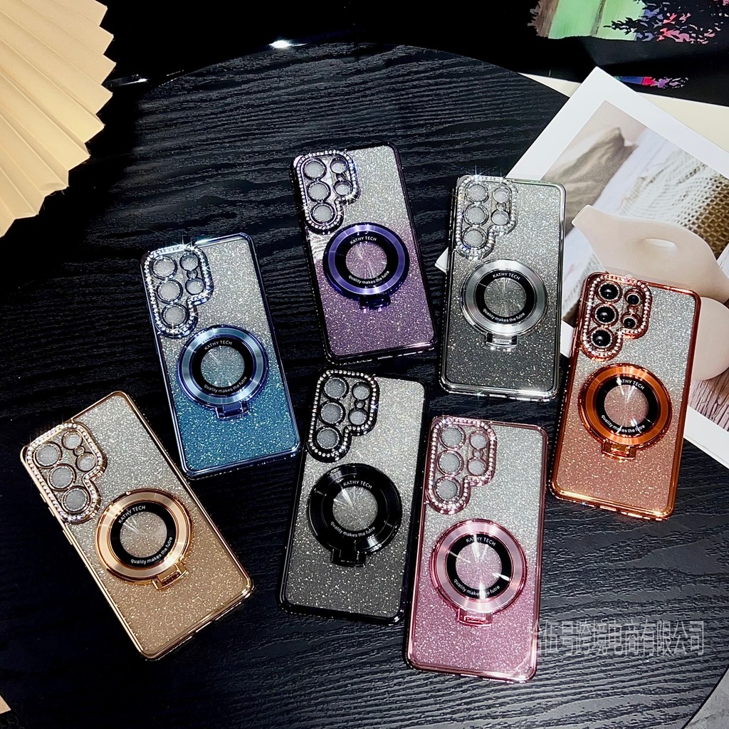 สําหรับ Samsung Galaxy S26 Ultra ค่อยเป็นค่อยๆเปลี่ยน glitter S25 Plus ผู้ถือทรายดูด S24 กระจก S23 ป้ายพลาด S22 เคสโทรศัพท์มือถือเคลือบด้วยไฟฟ้า