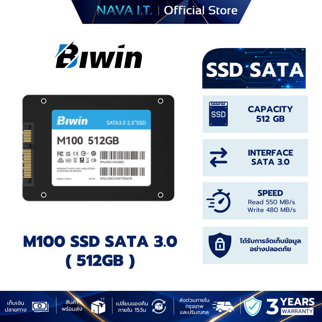 BIWIN M100 SSD SATA 3.0 SSD 512GB SPEED 550MB/S 480MB/S (BM100NN512G-RGX) รับประกัน 3 ปี
