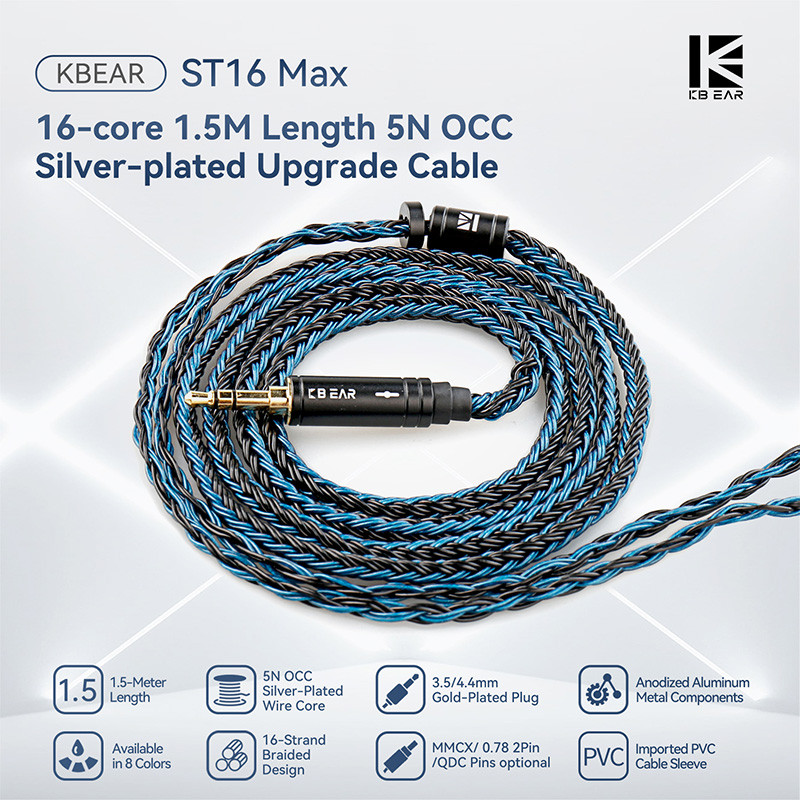 KBEAR ST16 Max 16-Strand 5N OCC Silver-plated อัพเกรดสาย 3.5/4.4 มม.Gold-Plated Plug 1.5M หูฟังสําหรับ HiFi Headest