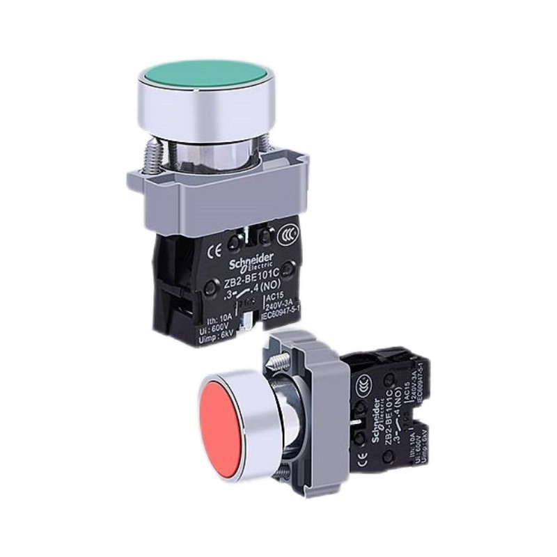 Schneider สวิตช์ปุ่มกดสวิตช์จุดหัวแบน XB2BA31C สีเขียวปกติเปิดสีแดงปกติปิด BA42