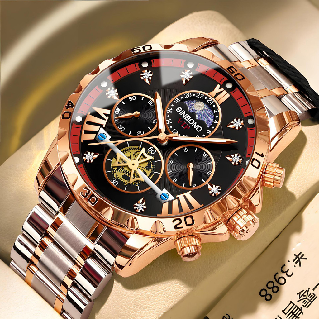 BINBOND Original Men นาฬิกาธุรกิจนาฬิกาควอตซ์ Flywheel Luminous นาฬิกาข้อมือกันน้ํา