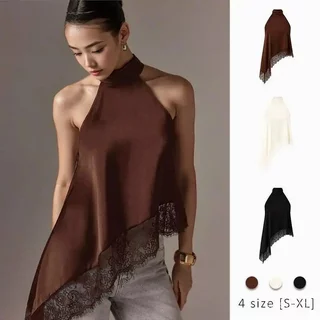 เสื้อเบลาส์แขนกุดผ้าซาติน ซุยเซอร์ สําหรับผู้หญิงคอผูกสูงตัดไม่สมมาตรทําจากผ้าไหมเข้ารูปและไหล่ที่สวยงาม เหมาะสําหรับงานปาร์ตี้ฤดูใบไม้ร่วงงานแต่งงานและอคเซียพิเศษ