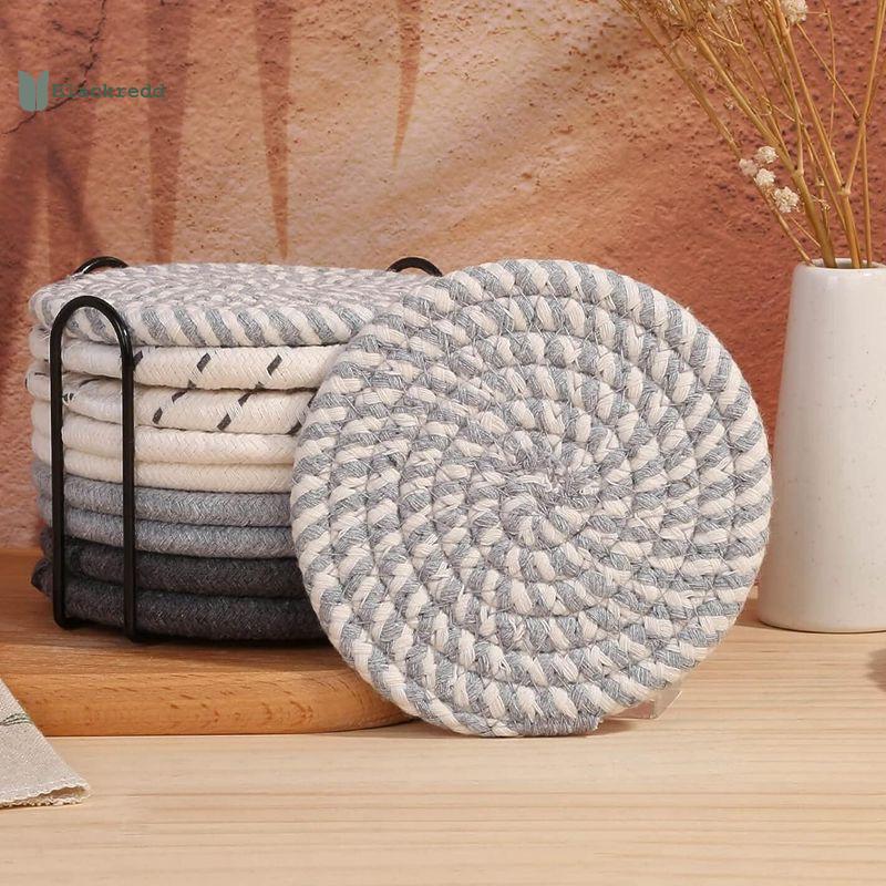 BRED 8 ชิ้นถ้วยแก้วสําหรับเครื่องดื่มดูดซับทอ Coaster ชุดผู้ถือ Farmhouse ผ้าผ้าถ้วย Coasters สําหรับชากาแฟ