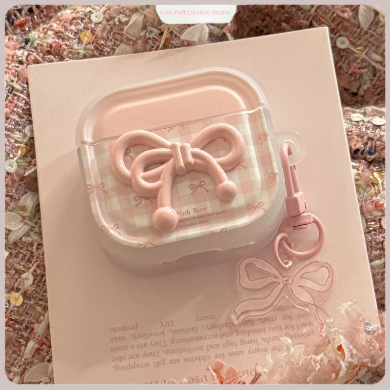 เข้ากันได้กับ AirPods 1/2/3/4 Pro Pro2 Pro3 โบว์ชมพู 3D พร้อมพวงกุญแจ สไตล์หวาน เคสหูฟัง