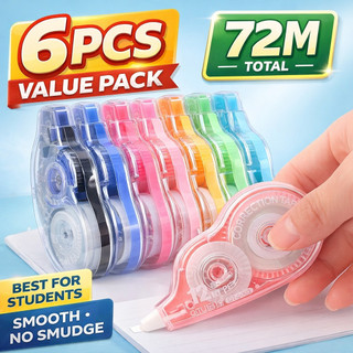 6PCS Correction Tape 72M Total Value Pack Smooth No Smudge School Office Stationery