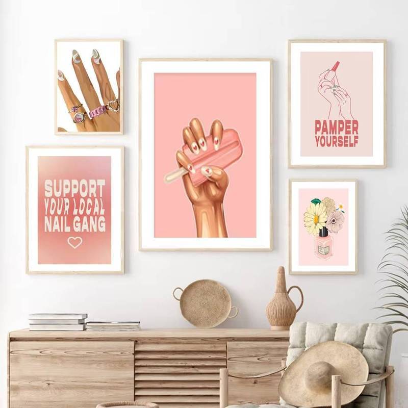 Pink Nail Salon Wall Art Prints Manicure Nail Polish Illustration Posters Pamper Yourself Quotes Dec
