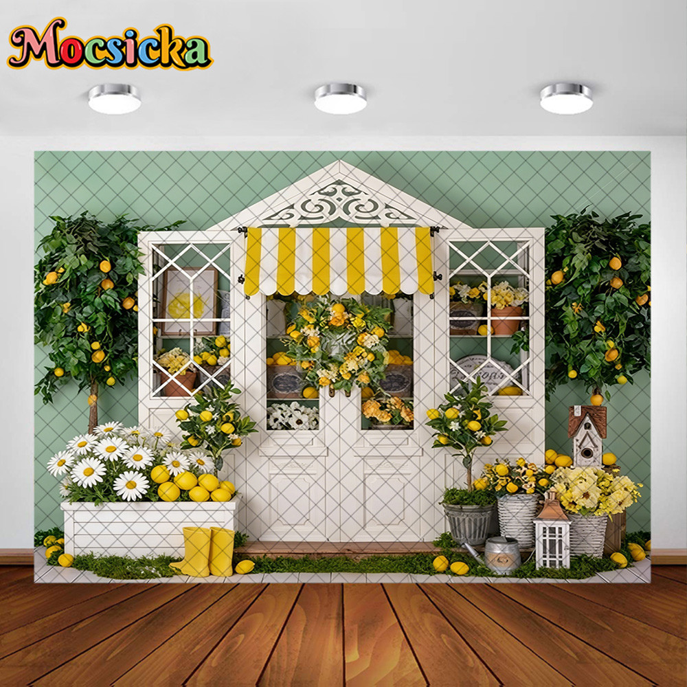 5x3ft 7x5ft Moscicka การถ่ายภาพฉากหลัง Daisy Lemonade Shop ตกแต่งอาบน้ําเด็กทารกแรกเกิด 1st วันเกิดพ