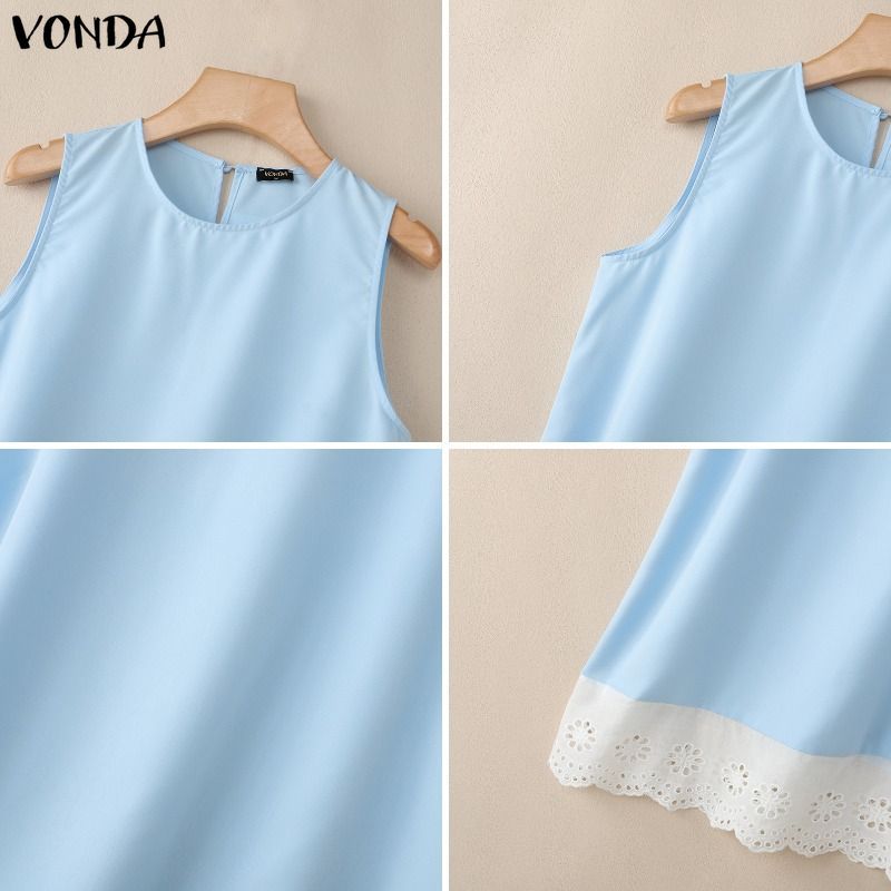 VONDA ผู้หญิงเกาหลีลําลองรอบคอปุ่มชุด Contrast Ruffle Trim Slim Fit สายแขนกุดทอชุด — صورة 7