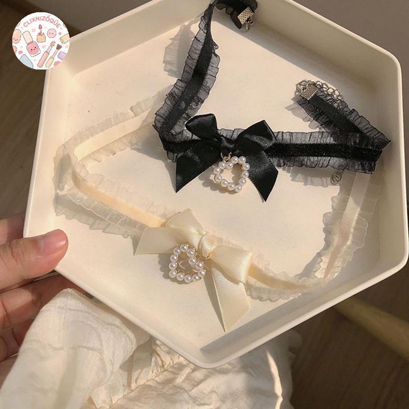 [CLIXNIZOQUE] Vintage Lace Heart Choker Gothic Bow Nelace Girls Uniform Accessories