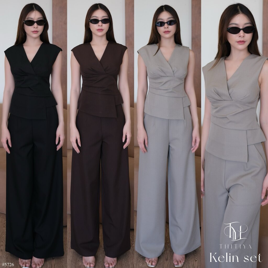 Kelin Set 🤎✨ ชุดเซ็ตสไตล์มินิมอลเรียบหรู เสื้อแขนกุดคอวีดีไซน์จับจีบ thitiya
