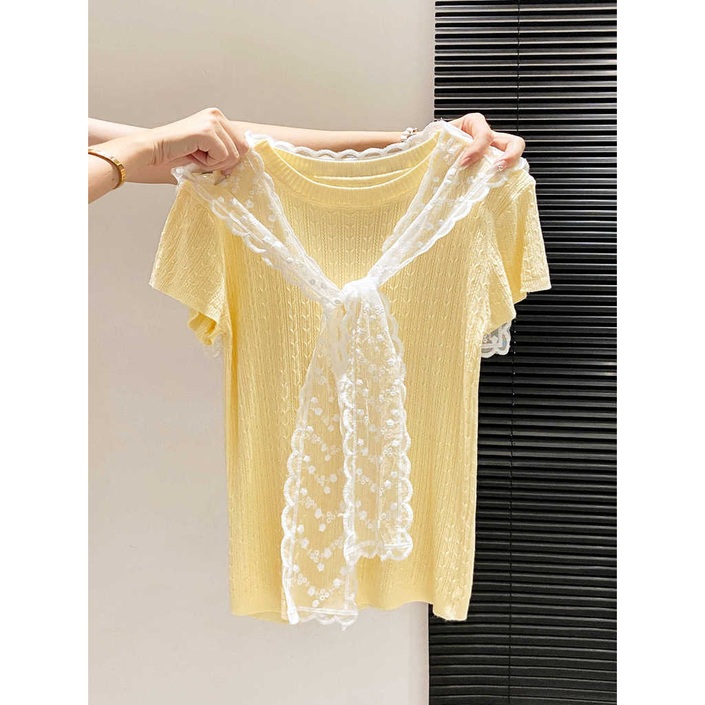 เสื้อสเวตเตอร์แขนสั้นสีเหลืองสำหรับผู้หญิง ออกแบบมาให้สวมใส่ในฤดูร้อนอย่างมีสไตล์