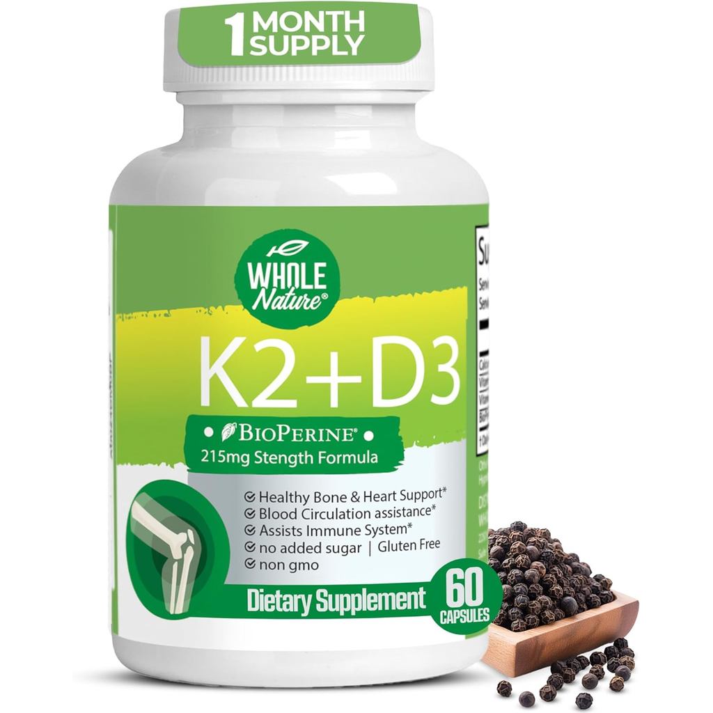 วิตามิน K2 D3 พร้อม BioPerine - 5000 IU D3 + K2 MK-7 สําหรับ & Heart Support - 60 แคปซูลมังสวิรัติ