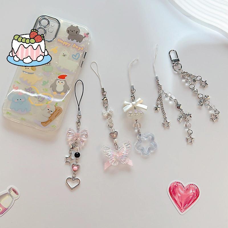 [Sep-t] 1PC น่ารักผีเสื้อลูกปัด Handmade Sweet Girl พวงกุญแจสําหรับกล้อง IP 11 Kawaii Y2K Love Five Pointed Star โทรศัพท์ Charms จี้