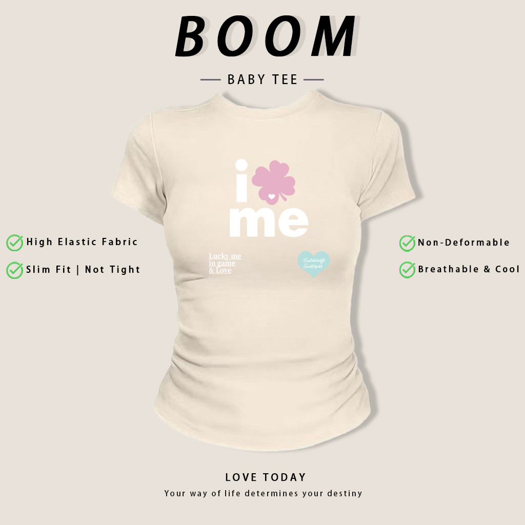 เสื้อยืดลายสี่ใบไม้โชคดี Lucky me สไตล์สาวหวาน ครอปสั้นสีครีมพื้นฐาน ใส่กับกางเกงขาสั้น/กระโปรงได้ทุกชุดค่ะ