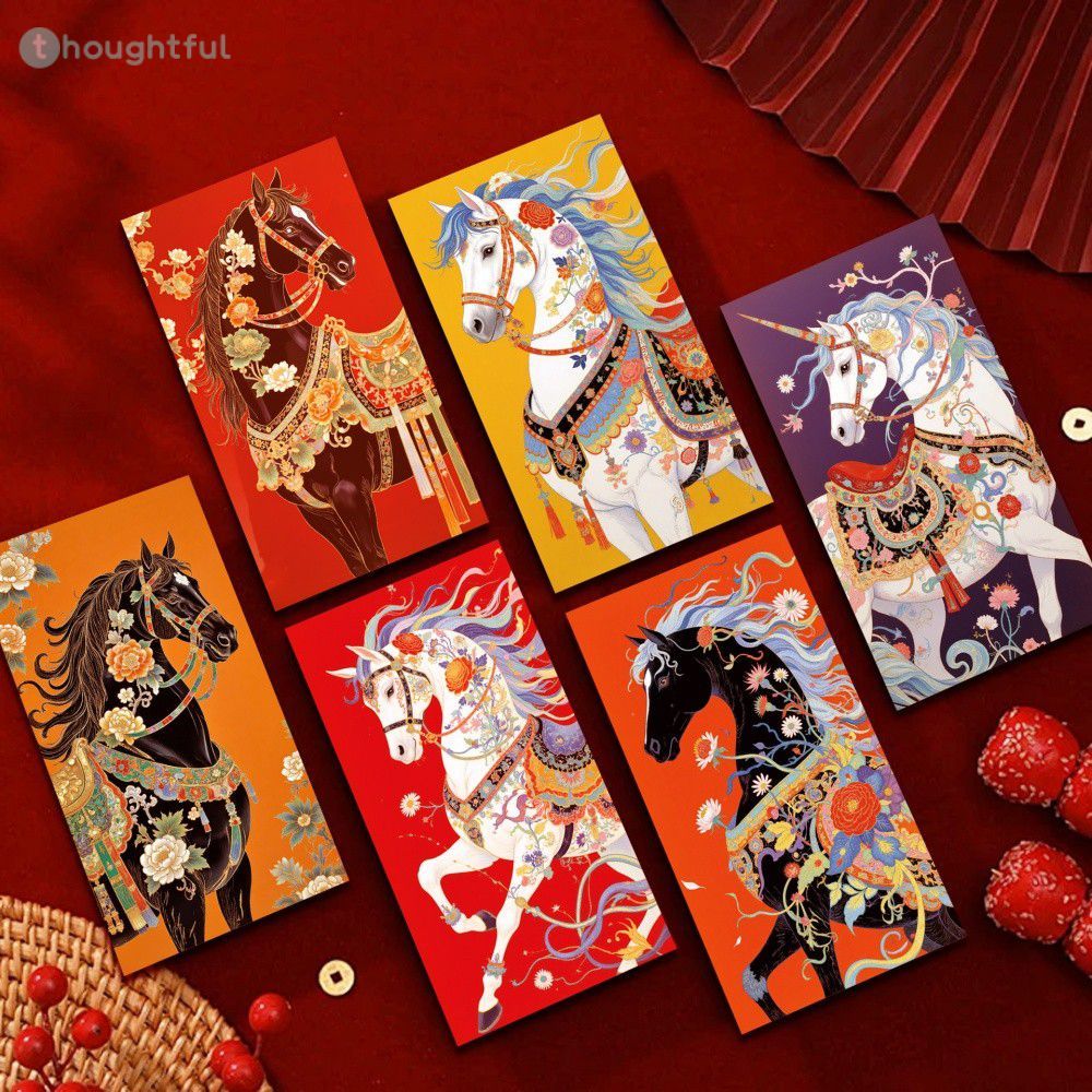 ซองแดงปีม้า 2026 จำนวน 6 ชิ้น การ์ดอวยพรปีใหม่และเทศกาลฤดูใบไม้ผลิ ของขวัญนำโชค ถุงเงินมงคล TH